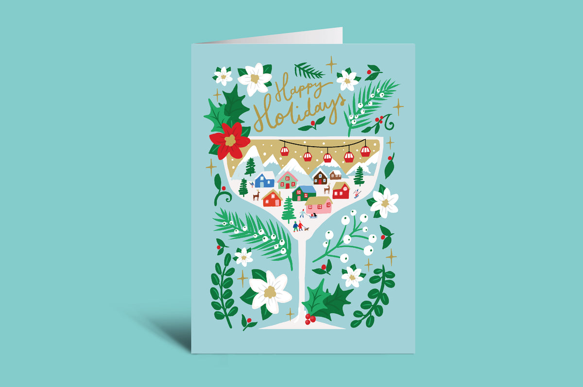 Christmas-themed greeting card with festive illustrations on a green background