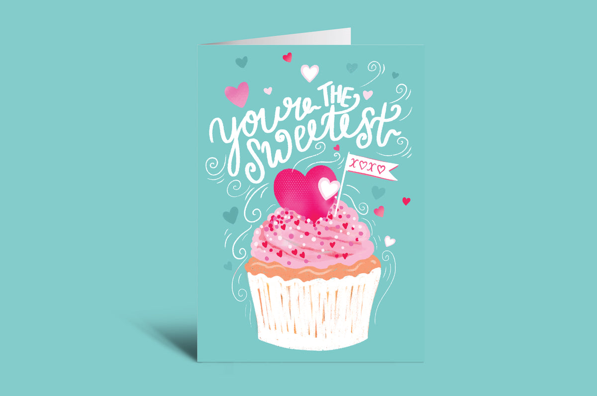 Greeting card with a cupcake illustration and text on a green background