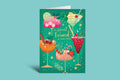 Greeting card with colorful cocktails on a green background