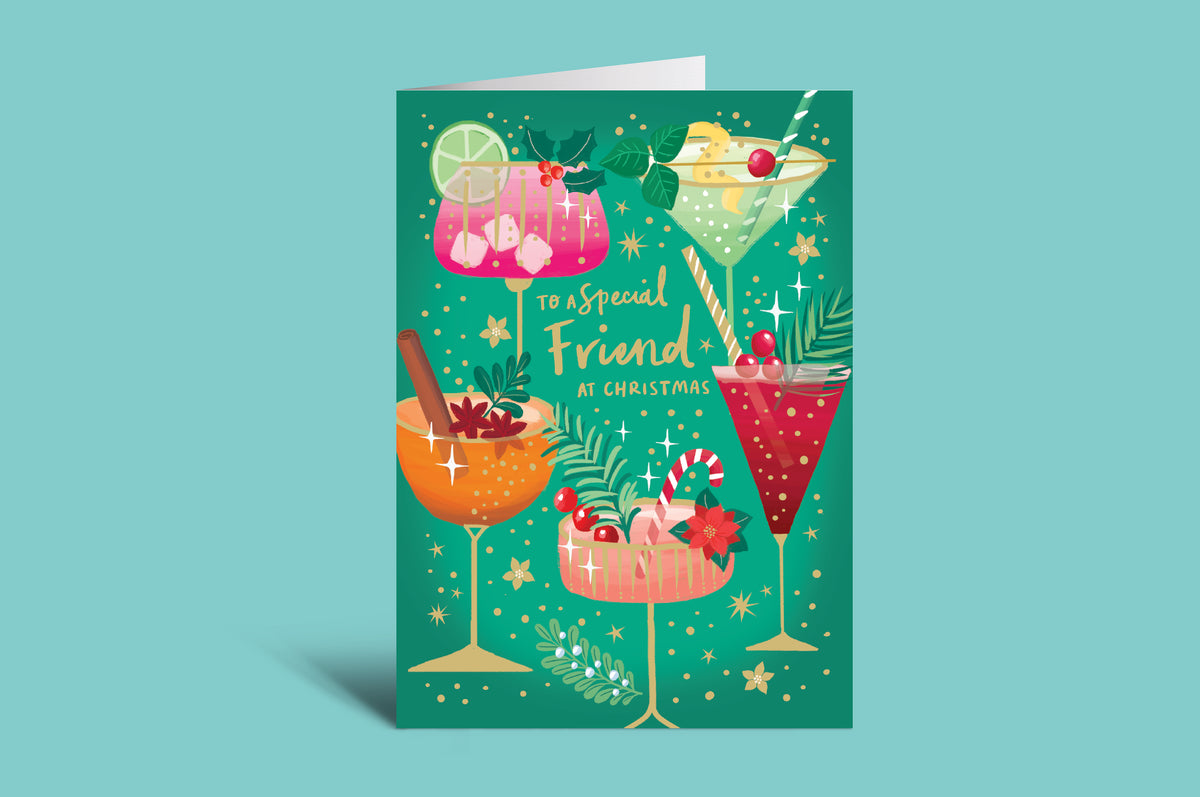 Greeting card with colorful cocktails on a green background