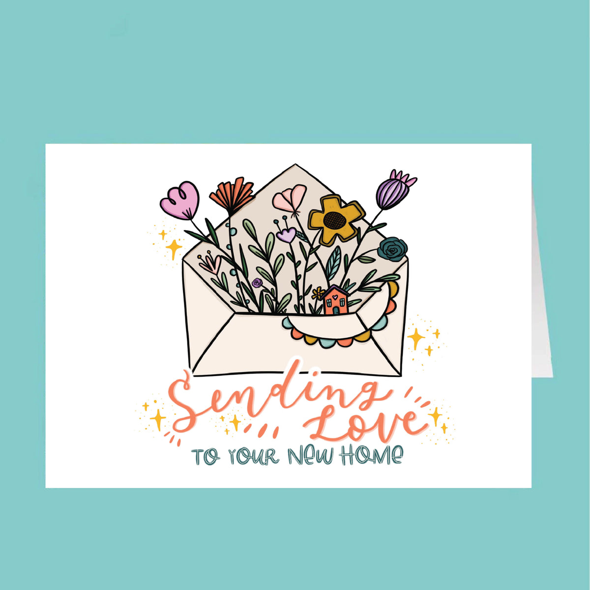 Card with floral design and 'Sending Love to Your New Home' text on a teal background