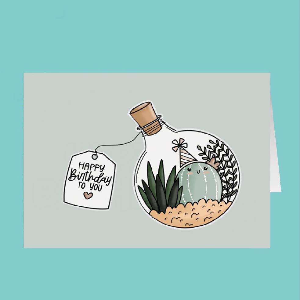 Greeting card with a cactus in a bottle and 'Happy Birthday to you' tag on a light blue background