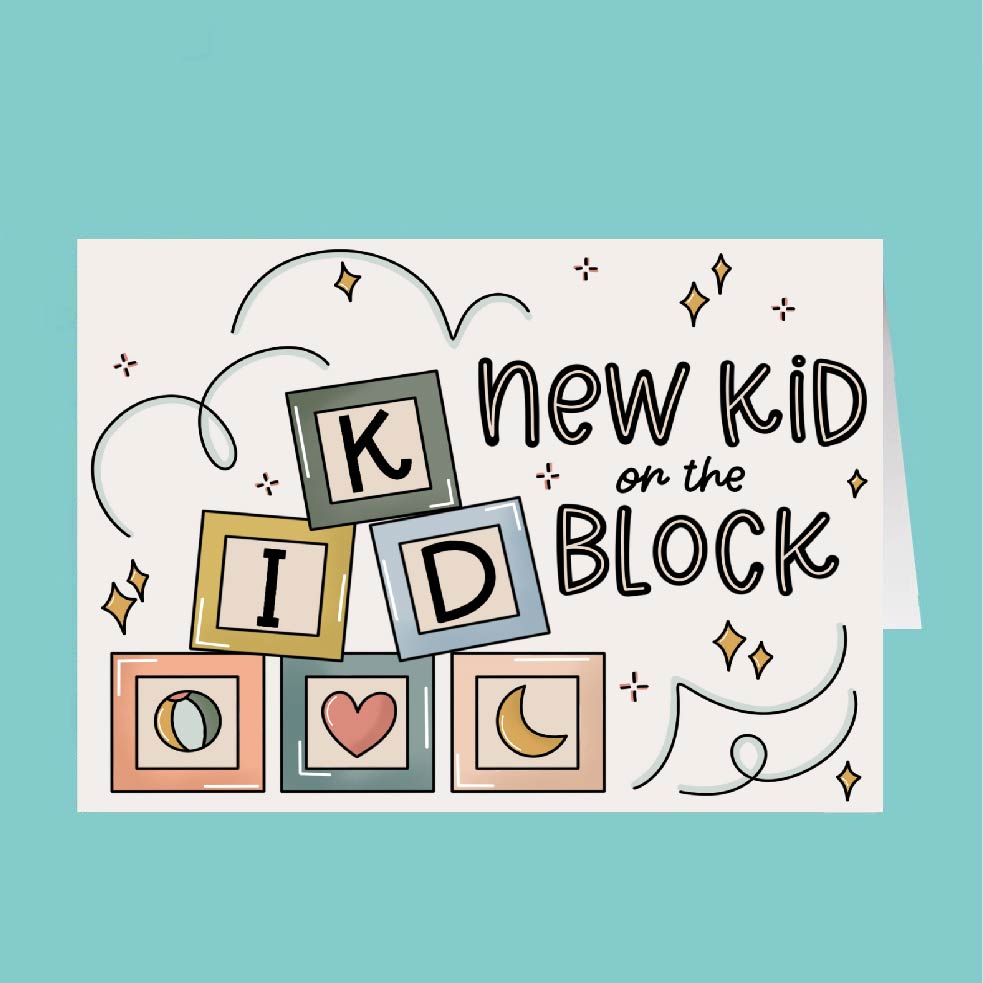 Cartoon illustration of 'New Kid on the Block' with colorful blocks on a teal background