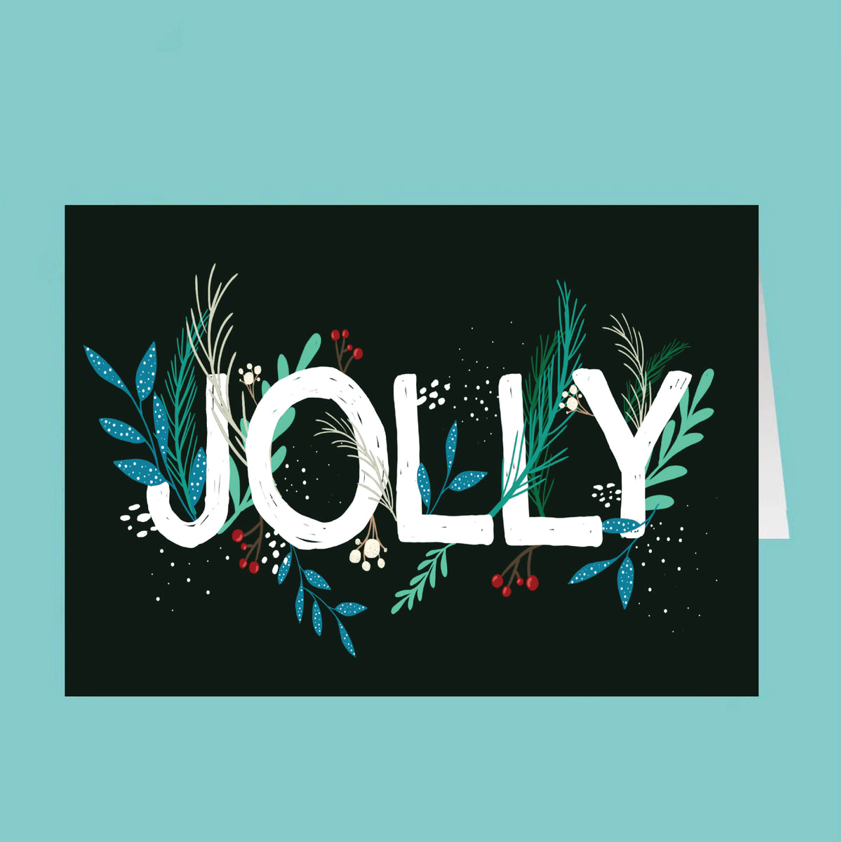 Greeting card with 'Jolly' text surrounded by festive elements on a black background